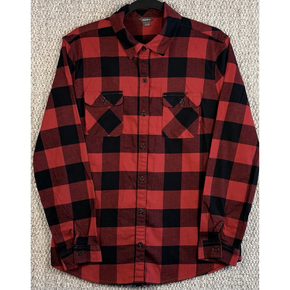 Eddie Bauer Women's L Red Black Buffalo Plaid Flannel Button Shirt Stretch